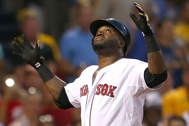 BOSTON, MA - AUGUST 19:  David Ortiz #34 of the Boston Red Sox reacts after his home run against the Cleveland Indians in the second inning on August 19, 2015 in Boston, Massachusetts.  (Photo by Jim Rogash/Getty Images)