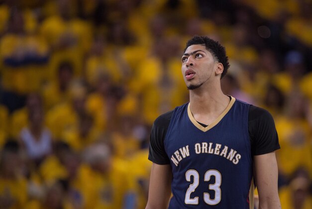 April 20, 2015; Oakland, CA, USA; New Orleans Pelicans forward Anthony Davis (23) during the second quarter in game two of the first round of the NBA Playoffs against the Golden State Warriors at Oracle Arena. The Warriors defeated the Pelicans 97-87. Mandatory Credit: Kyle Terada-USA TODAY Sports