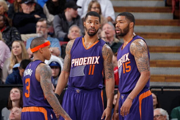 SACRAMENTO, CA - FEBRUARY 8: Isaiah Thomas #3, Markieff Morris #11 and Marcus Morris #15 of the Phoenix Suns face off against the Sacramento Kings on February 8, 2015 at Sleep Train Arena in Sacramento, California. NOTE TO USER: User expressly acknowledges and agrees that, by downloading and or using this photograph, User is consenting to the terms and conditions of the Getty Images Agreement. Mandatory Copyright Notice: Copyright 2015 NBAE (Photo by Rocky Widner/NBAE via Getty Images)