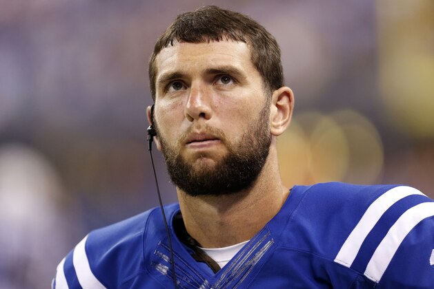 Indianapolis Colts quarterback Andrew Luck (12) watches from the sideline during the first half of an NFL preseason football game against the Cincinnati Bengals, Thursday, Sept. 3, 2015, in Indianapolis. (AP Photo/AJ Mast)
