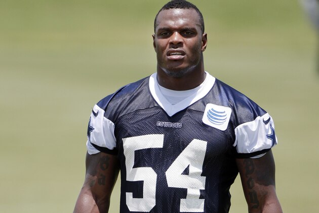 Dallas Cowboys linebacker Jasper Brinkley looks on during an NFL football organized team activity, Wednesday, May 27, 2015, in Irving, Texas. (AP Photo/Brandon Wade)