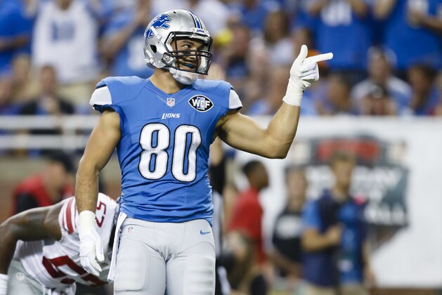 Detroit Lions tight end Joseph Fauria (80) celebrates after making a reception against the New York Giants during an NFL football game at Ford Field in Detroit, Monday, Sept. 8, 2014. (AP Photo/Rick Osentoski) Detroit Lions tight end Joseph Fauria (80) celebrates after making a reception against the New York Giants during an NFL football game at Ford Field in Detroit, Monday, Sept. 8, 2014. (AP Photo/Rick Osentoski)