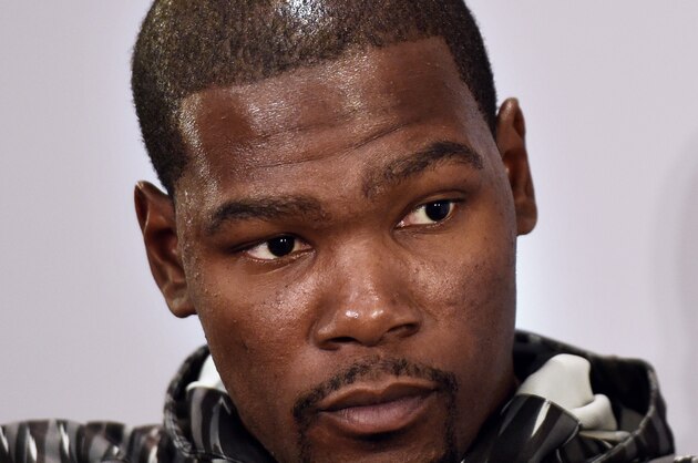 US basketball player Kevin Durant attends a press conference on September 6, 2015 in Paris. AFP PHOTO/ ALAIN JOCARD        (Photo credit should read ALAIN JOCARD/AFP/Getty Images)
