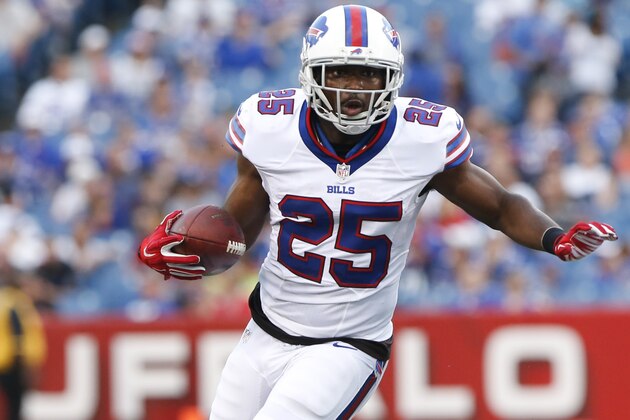 Buffalo Bills running back LeSean McCoy (25) runs against the Carolina Panthers during the first half of an NFL preseason football game on Friday, Aug. 14, 2015, in Orchard Park, N.Y. (AP Photo/Heather Ainsworth)