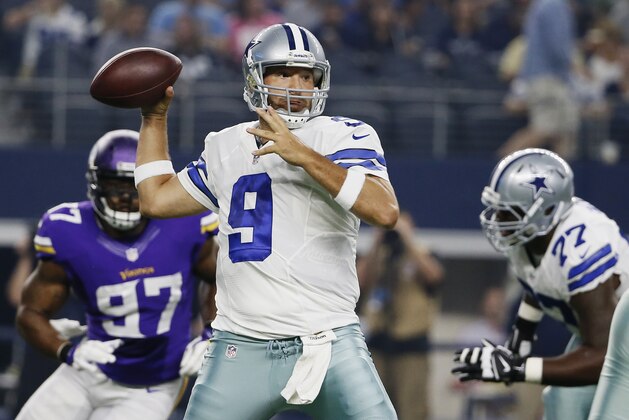 Dallas Cowboys quarterback Tony Romo (9) looks to pass against the Minnesota Vikings during the first half of a preseason NFL football game Saturday, Aug. 29, 2015, in Arlington, Texas. (AP Photo/Tony Gutierrez)