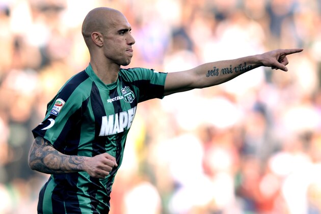Sassuolo's Simone Zaza celebrates after scoring a goal during a Serie A soccer match against Catania, at Reggio Emilia's Mapei stadium, Italy, Sunday, Jan. 12, 2013. (AP Photo/Marco Vasini)