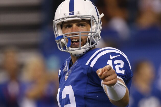 Indianapolis Colts quarterback Andrew Luck (12) in action before the start of an NFL preseason football game between the Indianapolis Colts and the Cincinnati Bengals, Thursday, Sept. 3, 2015, in Indianapolis. (AP Photo/AJ Mast)