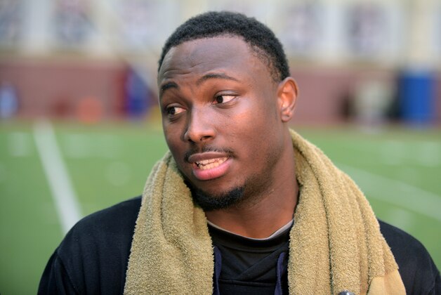 Buffalo Bills running back LeSean McCoy reacts to a question during an NFL football press conference, Wednesday, June 3, 2015, in Orchard Park, N.Y. (AP Photo/Gary Wiepert)