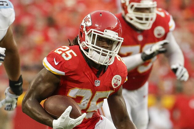 Kansas City Chiefs running back Jamaal Charles (25) carries the ball during the first half of a preseason NFL football game at Arrowhead Stadium in Kansas City, Mo., Friday, Aug. 28, 2015. (AP Photo/Charlie Riedel)