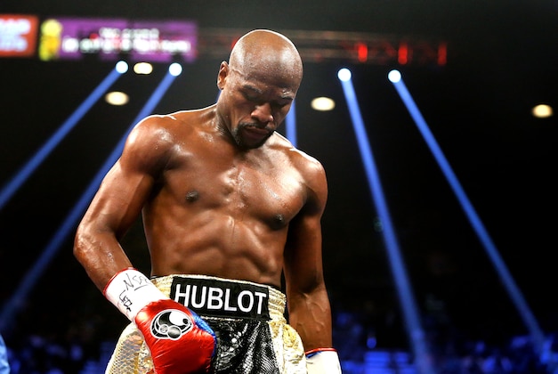 May 2, 2015; Las Vegas, NV, USA; Floyd Mayweather reacts during his world welterweight championship bout against Manny Pacquiao (not pictured) at MGM Grand Garden Arena. Mandatory Credit: Mark J. Rebilas-USA TODAY Sports