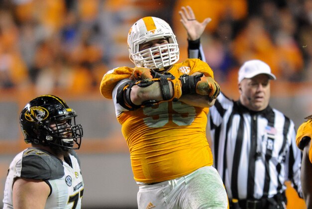 Nov 22, 2014; Knoxville, TN, USA;  Tennessee Volunteers defensive lineman Danny O'Brien (95) celebrates during the second half against the Missouri Tigers at Neyland Stadium. Missouri won 29 to 21. Mandatory Credit: Randy Sartin-USA TODAY Sports