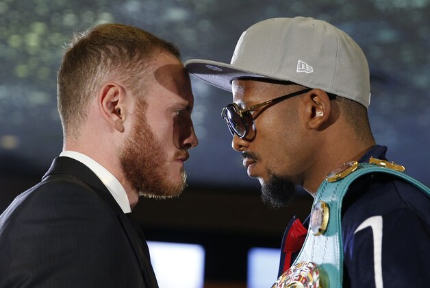 Badou Jack, right, and George Groves pose for photographers Tuesday, Sept. 8, 2015, in Las Vegas. The two are scheduled to fight in a super middleweight title bout Saturday in Las Vegas. (AP Photo/John Locher)