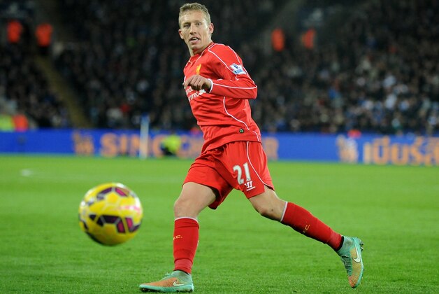 Liverpool's Lucas Leiva during the English Premier League soccer match between Leicester City and Liverpool at King Power Stadium, in Leicester, England, Tuesday, Dec. 2, 2014.  (AP Photo/Rui Vieira)