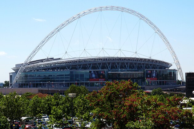 The newly completed Wembley stadium in North London is pictured 18 May 2007. The first FA Cup final between Manchester United and Chelsea at the new Wembley stadium takes place on 19 May 2007 . The 90,000-seater national stadium, rebuilt at a cost of 800-million pounds (1.45 billion dollars), has been awarded its general safety certificate from Brent Council. AFP PHOTO/MAX NASH (Photo credit should read MAX NASH/AFP/Getty Images)