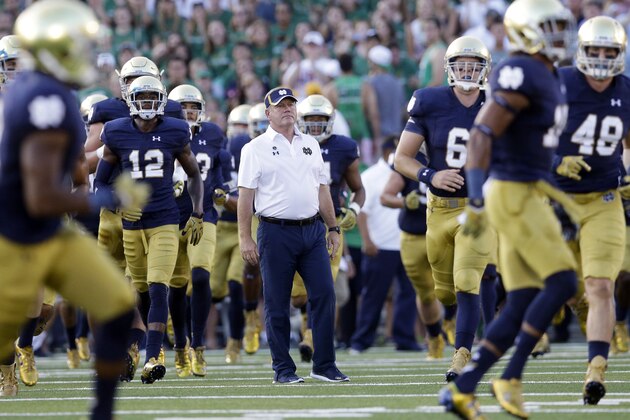 Notre Dame head coach Brian Kelly watches his team an NCAA college football game against Texas, Saturday, Sept. 5, 2015, in South Bend, Ind. (AP Photo/Nam Y. Huh)