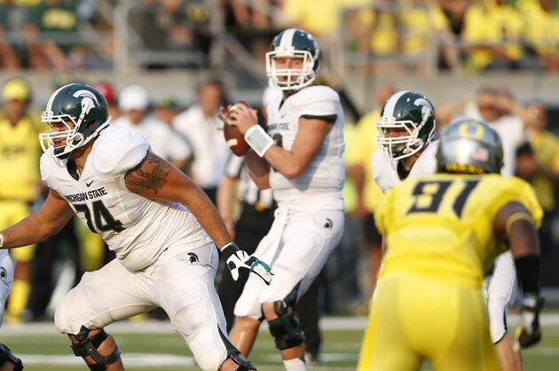 EUGENE, OR - SEPTEMBER 6: Jack Conklin #74 of the Michigan State Spartans in action against the Oregon Ducks during the game at Autzen Stadium on September 6, 2014 in Eugene, Oregon. Oregon won 46-27. (Photo by Joe Robbins/Getty Images)