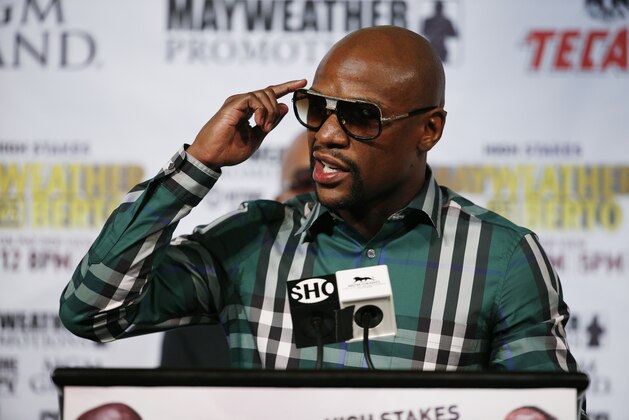 Floyd Mayweather Jr. speaks at a news conference Wednesday, Sept. 9, 2015, in Las Vegas. Mayweather is scheduled to fight Andre Berto Saturday in Las Vegas. (AP Photo/John Locher)