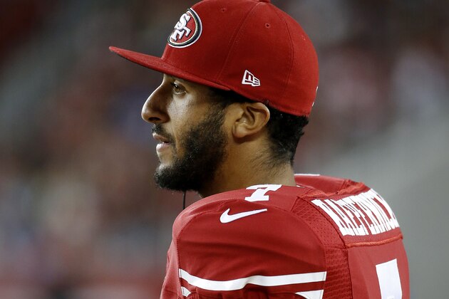 San Francisco 49ers quarterback Colin Kaepernick watches from the sideline during the second half of an NFL preseason football game against the San Diego Chargers in Santa Clara, Calif., Thursday, Sept. 3, 2015. (AP Photo/Tony Avelar)