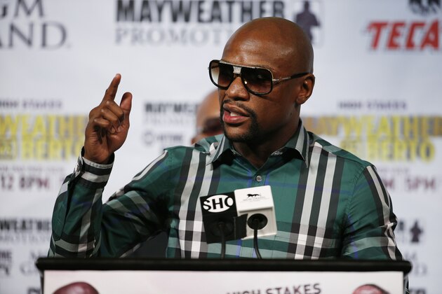 Floyd Mayweather Jr. speaks at a news conference Wednesday, Sept. 9, 2015, in Las Vegas. Mayweather is scheduled to fight Andre Berto Saturday in Las Vegas. (AP Photo/John Locher)