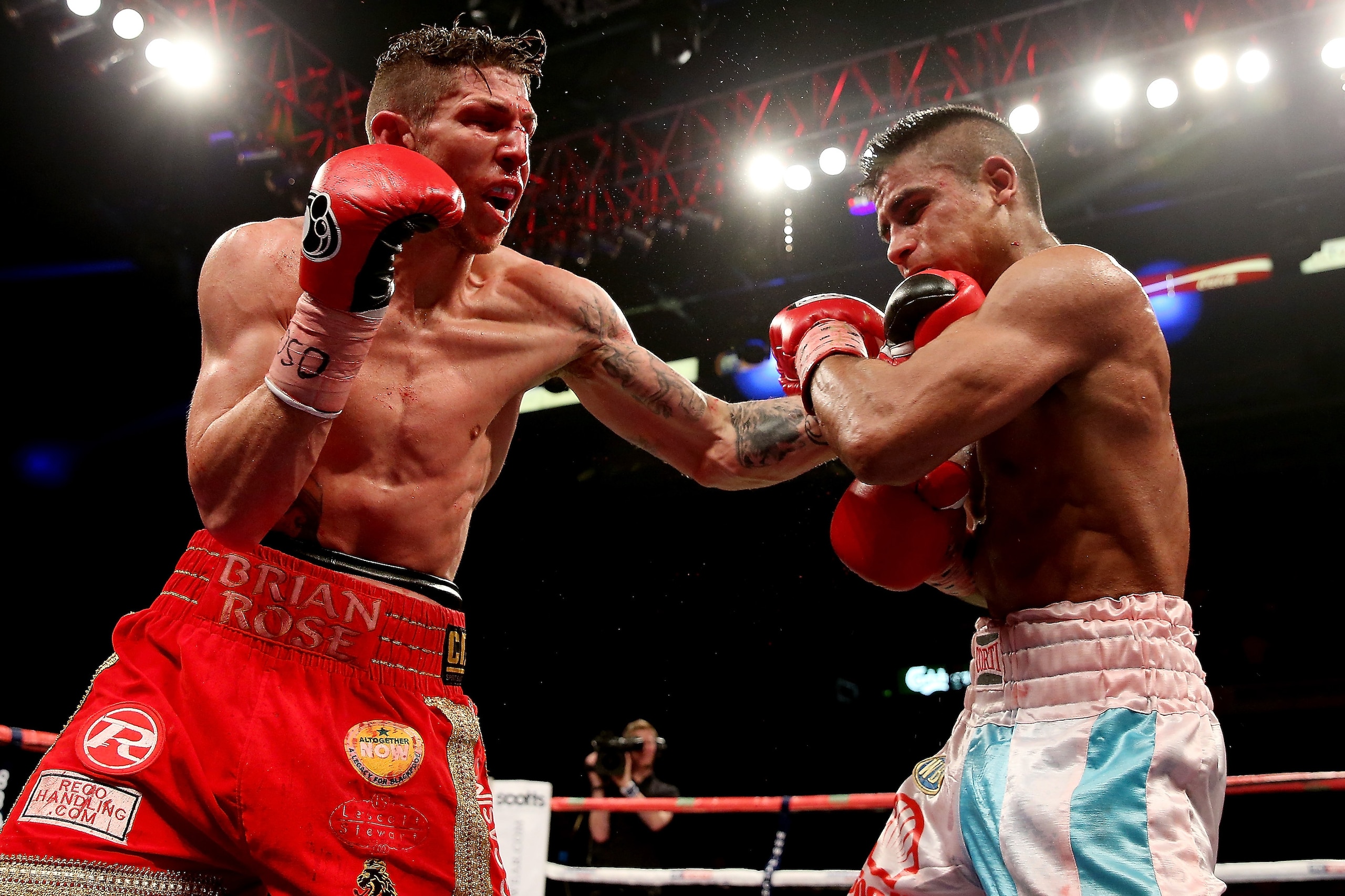 SHEFFIELD, ENGLAND - OCTOBER 26:  Brian Rose (L) in action with Javier Maciel during their Final Eliminator for WBO World Light Middleweight Championship bout at Motorpoint Arena on October 26, 2013 in Sheffield, England.  (Photo by Scott Heavey/Getty Images)