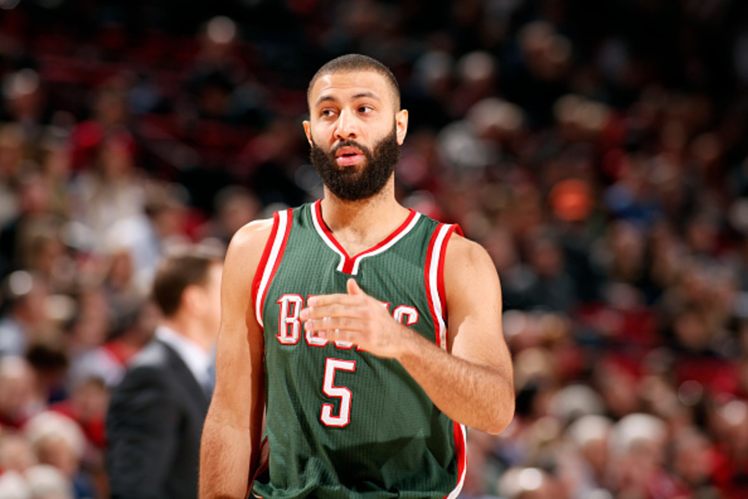 PORTLAND, OR - DECEMBER 17: Kendall Marshall #5 of the Milwaukee Bucks stands on the court during a game against the Portland Trail Blazers on December 17, 2014 at the Moda Center Arena in Portland, Oregon. NOTE TO USER: User expressly acknowledges and agrees that, by downloading and or using this photograph, user is consenting to the terms and conditions of the Getty Images License Agreement. Mandatory Copyright Notice: Copyright 2014 NBAE (Photo by Cameron Browne/NBAE via Getty Images)