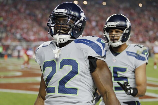 SANTA CLARA, CA - NOVEMBER 27:  Running back Robert Turbin #22 of the Seattle Seahawks celebrates after turning a 1-yard pass into a 13-yard touchdown against the San Francisco 49ers in the first quarter on November 27, 2014 at Levi's Stadium in Santa Clara, California.  The Seahawks won 19-3. (Photo by Brian Bahr/Getty Images)