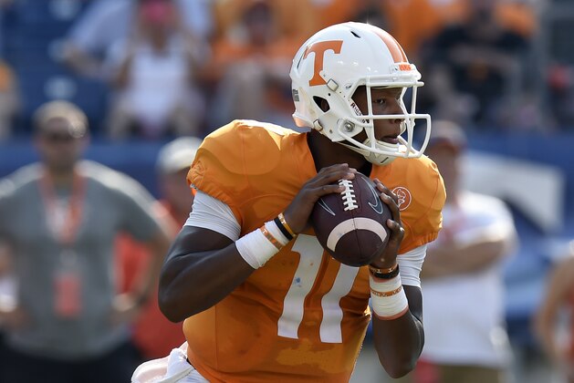 Tennessee quarterback Joshua Dobbs (11) drops back to pass in the first half of an NCAA college football game against Bowling Green Saturday, Sept. 5, 2015, in Nashville, Tenn. (AP Photo/Mark Zaleski)