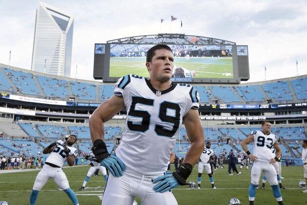 Carolina Panthers' Luke Kuechly (59) stretches before a preseason NFL football game against the New England Patriots in Charlotte, N.C., Friday, Aug. 28, 2015. The Patriots won 17-16. (AP Photo/Bob Leverone)