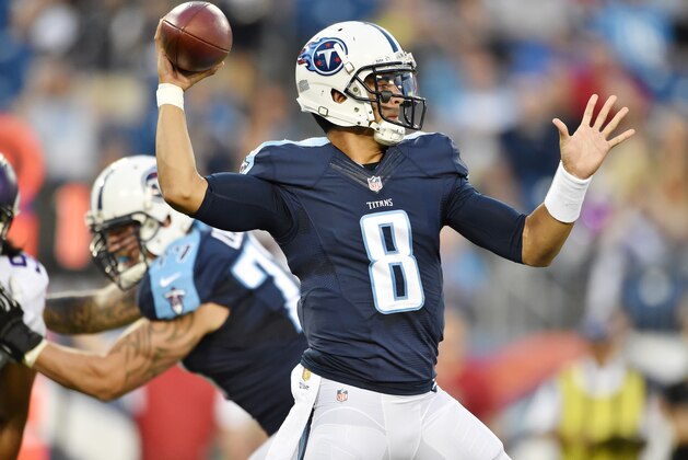 NASHVILLE, TN - SEPTEMBER 03:  Quarterback Marcus Mariota #8 of the Tennessee Titans passes during a NFL pre-season game against the Minnesota Vikings at Nissan Stadium on September 3, 2015 in Nashville, Tennessee.  (Photo by Ronald C. Modra/Sports Imagery/Getty Images)