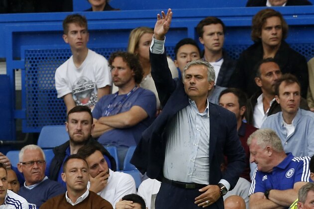 Chelsea's Portuguese manager Jose Mourinho gestures during the English Premier League football match between Chelsea and Crystal Palace at Stamford Bridge in London on August 29, 2015. Crystal Palace won the game 2-1. AFP PHOTO / IAN KINGTON

RESTRICTED TO EDITORIAL USE. No use with unauthorized audio, video, data, fixture lists, club/league logos or 'live' services. Online in-match use limited to 75 images, no video emulation. No use in betting, games or single club/league/player publications.        (Photo credit should read IAN KINGTON/AFP/Getty Images)