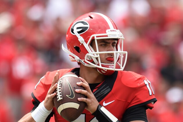 Sep 5, 2015; Athens, GA, USA; Georgia Bulldogs quarterback Greyson Lambert (11) drops back to pass against the Louisiana Monroe Warhawks during the second quarter at Sanford Stadium. Mandatory Credit: Dale Zanine-USA TODAY Sports