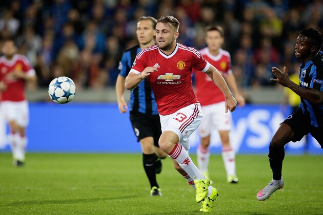 Luke Shaw of Manchester United, Abdoulay Diaby of Club Brugge during the UEFA Champions League play-offs match between Club Brugge and Manchester United on August 26, 2015 at the Jan Breydel stadium in Brugge, Belgium.(Photo by VI Images via Getty Images)