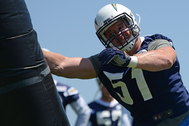 Jun 16, 2015; San Diego, CA, USA; San Diego Chargers linebacker Kyle Emanuel (51) participates in a drill during minicamp at Charger Park. Mandatory Credit: Jake Roth-USA TODAY Sports