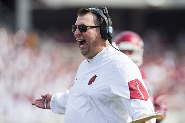 FAYETTEVILLE, AR - SEPTEMBER 5:  Head Coach Bret Bielema of the Arkansas Razorbacks talks with a official during a game against the UTEP Miners at Razorback Stadium on September 5, 2015 in Fayetteville, Arkansas.  The Razorbacks defeated the Miners 48-13.  (Photo by Wesley Hitt/Getty Images)