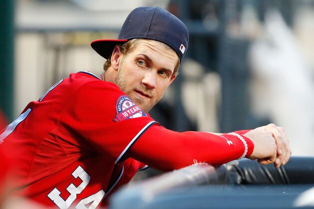 NEW YORK, NY - AUGUST 02:  (NEW YORK DAILIES OUT)   Bryce Harper #34 of the Washington Nationals looks on before a game against the New York Mets at Citi Field on August 2, 2015 in the Flushing neighborhood of the Queens borough of New York City. The Mets defeated the Nationals 5-2.  (Photo by Jim McIsaac/Getty Images)