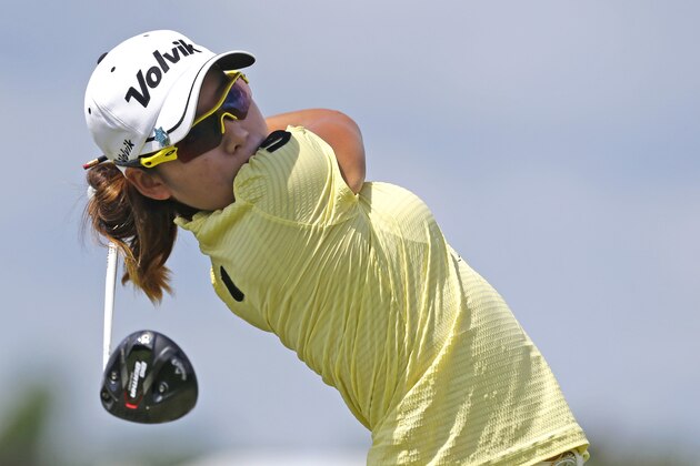 Mi Hyang Lee, of South Korea, tees off on the third hole during the final round of the Yokohama Tire LPGA Classic golf tournament, Sunday, Aug. 30, 2015, in Prattville, Ala. (AP Photo/Butch Dill)