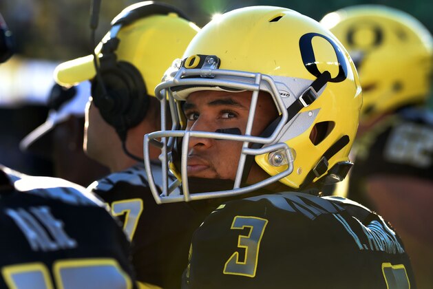 EUGENE, OR - SEPTEMBER 05: Quarterback Vernon Adams Jr. of the Oregon Ducks at Autzen Stadium looks on from the bench during the second quarter of the game against the Eastern Washington Eagle on September 5, 2015 in Eugene, Oregon. (Photo by Steve Dykes/Getty Images)