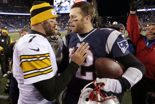 Pittsburgh Steelers quarterback Ben Roethlisberger, left, speaks to New England Patriots quarterback Tom Brady, right, after an NFL football game Sunday, Nov. 3, 2013, in Foxborough, Mass. The Patriots won 55-31. (AP Photo/Steven Senne)