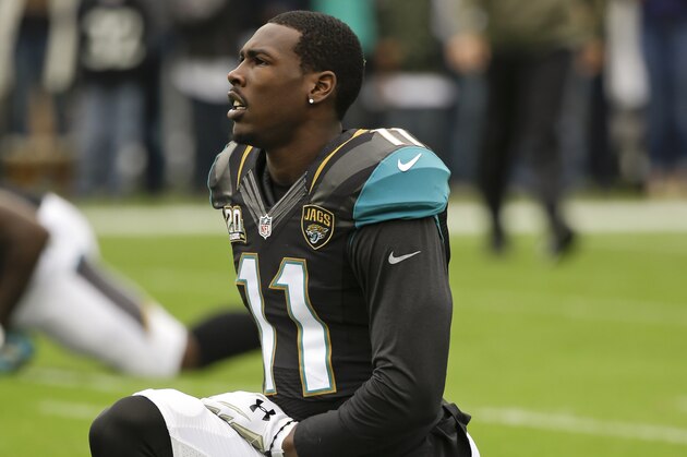 Jacksonville Jaguars wide receiver Marqise Lee (11) warms up before an NFL football game against the Houston Texans in Jacksonville, Fla., Sunday, Dec. 7, 2014. (AP Photo/John Raoux)