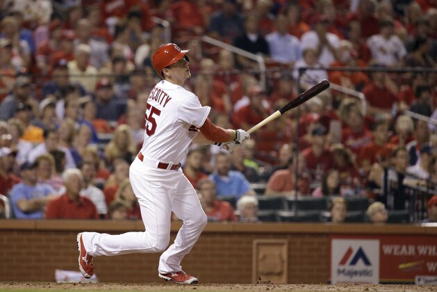 St. Louis Cardinals' Stephen Piscotty flies out to Washington Nationals right fielder Bryce Harper during the fourth inning of a baseball game Monday, Aug. 31, 2015, in St. Louis. (AP Photo/Jeff Roberson)