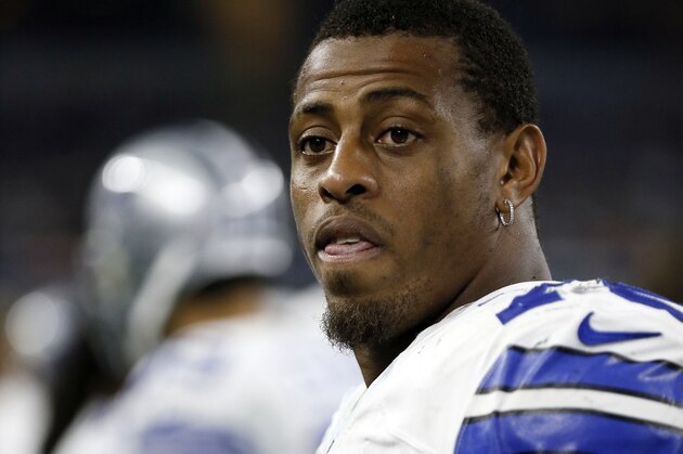 Dallas Cowboys' Greg Hardy stands on the field after a preseason NFL football game against the Minnesota Vikings Saturday, Aug. 29, 2015, in Arlington, Texas. (AP Photo/Brandon Wade)