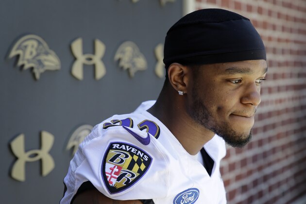 Baltimore Ravens cornerback Jimmy Smith pauses as he speaks at a news conference after a training camp practice, Friday, July 25, 2014, at the team's practice facility in Owings Mills, Md. (AP Photo)
