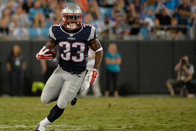 CHARLOTTE, NC - AUGUST 28:  Dion Lewis #33 of the New England Patriots runs against the Carolina Panthers during their preseason NFL game at Bank of America Stadium on August 28, 2015 in Charlotte, North Carolina.  (Photo by Grant Halverson/Getty Images)