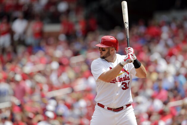 St. Louis Cardinals' Matt Adams bats during a baseball game against the Chicago Cubs Thursday, May 7, 2015, in St. Louis. (AP Photo/Jeff Roberson)
