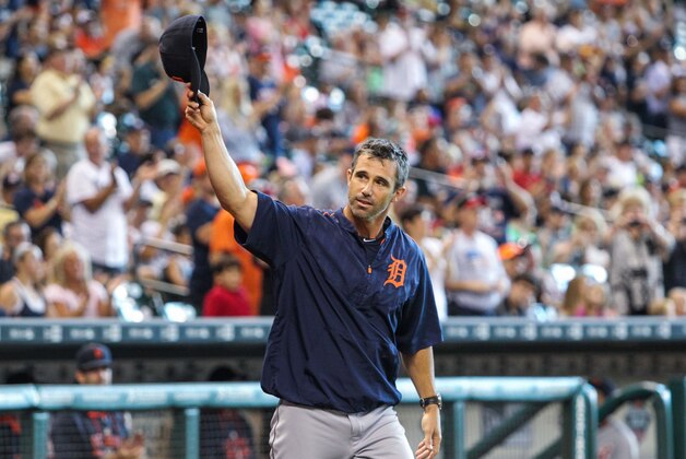Aug 15, 2015; Houston, TX, USA; Detroit Tigers manager Brad Ausmus (7) waves to the crowd before a game against the Houston Astros at Minute Maid Park. Mandatory Credit: Troy Taormina-USA TODAY Sports