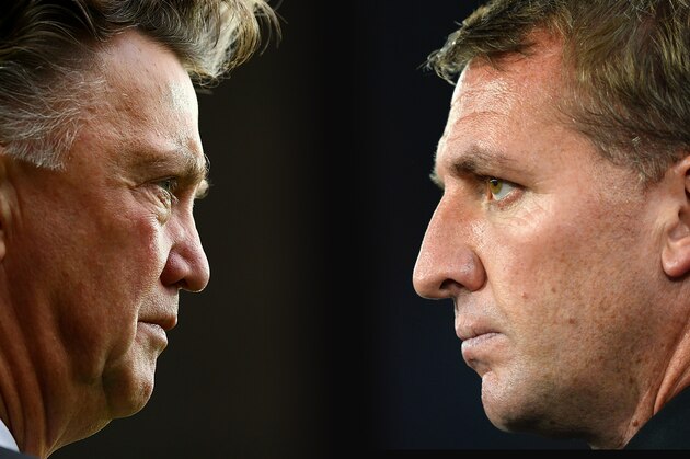 (FILE PHOTO - Image Numbers 458624190 (L) and 456472318) (EDITORS NOTE: Image has been digitally altered) In this composite image a comparison has been made between Louis van Gaal,Manager of Manchester United (L) and Brendan Rodgers, Manager of Liverpool. Manchester United and Liverpool meet in a Premier League match on September 12, 2015 at Old Trafford in Manchester,England.   ***LEFT IMAGE*** MANCHESTER, ENGLAND - NOVEMBER 08: Manchester United Manager Louis van Gaal looks on prior to the Barclays Premier League match between Manchester United and Crystal Palace at Old Trafford on November 8, 2014 in Manchester, England. (Photo by Richard Heathcote/Getty Images) ***RIGHT IMAGE*** BASEL, SWITZERLAND - OCTOBER 01: Brendan Rodgers, manager of Liverpool looks on during the UEFA Champions League Group B match between FC Basel 1893 and Liverpool FC at St. Jakob Stadium on October 1, 2014 in Basel, Switzerland. (Photo by Jamie McDonald/Getty Images)