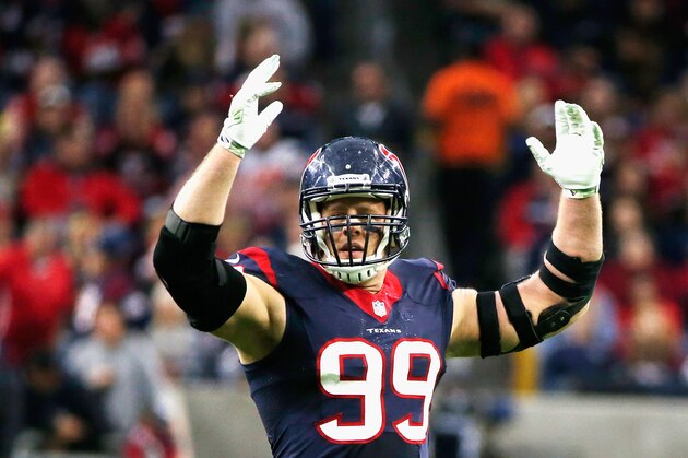 HOUSTON, TX - DECEMBER 28:  J.J. Watt #99 of the Houston Texans in action on the field during their game against the Jacksonville Jaguars at NRG Stadium on December 28, 2014 in Houston, Texas.  (Photo by Scott Halleran/Getty Images)