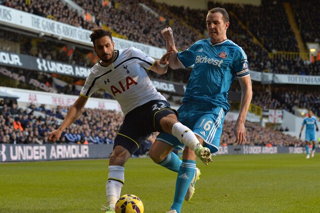 Tottenham Hotspur's Belgian midfielder  Nacer Chadli (L) vies with Sunderland's Irish defender John O'Shea during the English Premier League football match between Tottenham Hotspur and Sunderland at White Hart Lane in London, on January 17, 2015. AFP PHOTO / GLYN KIRK 

== RESTRICTED TO EDITORIAL USE. NO USE WITH UNAUTHORIZED AUDIO, VIDEO, DATA, FIXTURE LISTS, CLUB/LEAGUE LOGOS OR LIVE SERVICES. ONLINE IN-MATCH USE LIMITED TO 45 IMAGES, NO VIDEO EMULATION. NO USE IN BETTING, GAMES OR SINGLE CLUB/LEAGUE/PLAYER PUBLICATIONS. ==        (Photo credit should read GLYN KIRK/AFP/Getty Images)