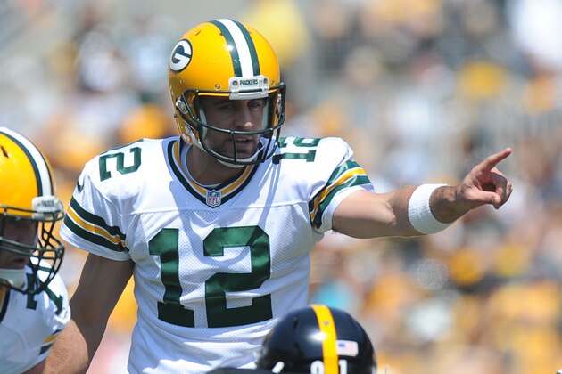 Green Bay Packers quarterback Aaron Rodgers (12) calls signals in the first quarter of the pre-seaon NFL football game against the Pittsburgh Steelers, Sunday, Aug. 23, 2015 in Pittsburgh. (AP Photo/Don Wright) Green Bay Packers quarterback Aaron Rodgers (12) calls signals in the first quarter of the pre-seaon NFL football game against the Pittsburgh Steelers, Sunday, Aug. 23, 2015 in Pittsburgh. (AP Photo/Don Wright)