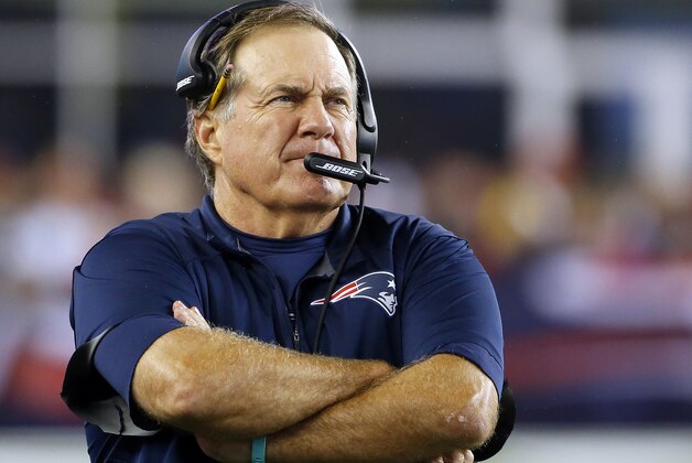 New England Patriots head coach Bill Belichick watches action from the sideline in the second half of an NFL football game against the Pittsburgh Steelers, Thursday, Sept. 10, 2015, in Foxborough, Mass. (AP Photo/Winslow Townson)